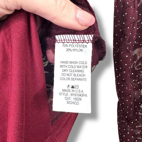 Ces Femme Boutique New Burgundy Red Floral Lace Mesh Rhinestone Bodysuit Small - Picture 9 of 9